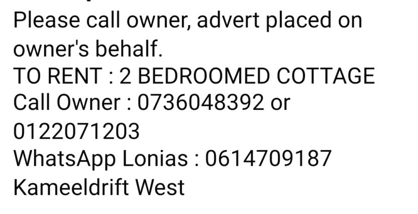 2 BEDROOMED COTTAGE TO RENT