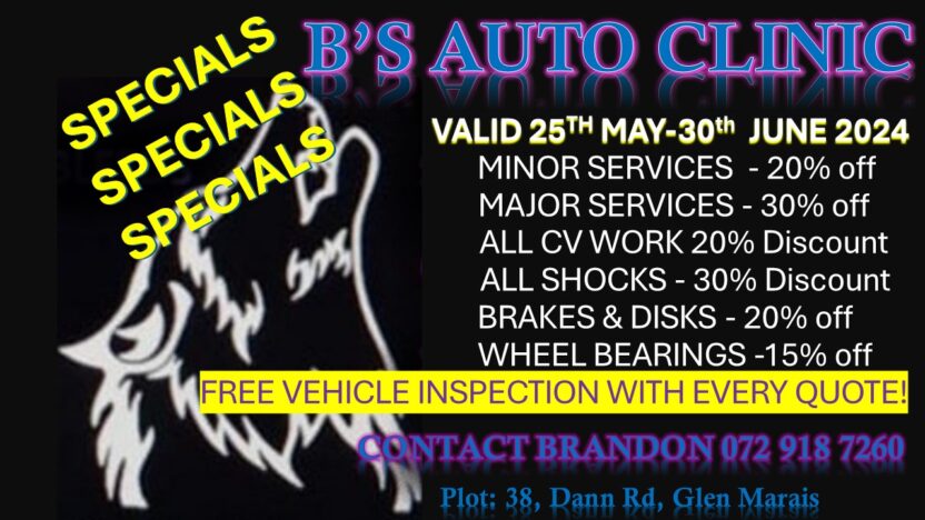 B’s AUTO CLINIC – FOR ALL YOUR CAR’S NEEDS-SPECIALS…..