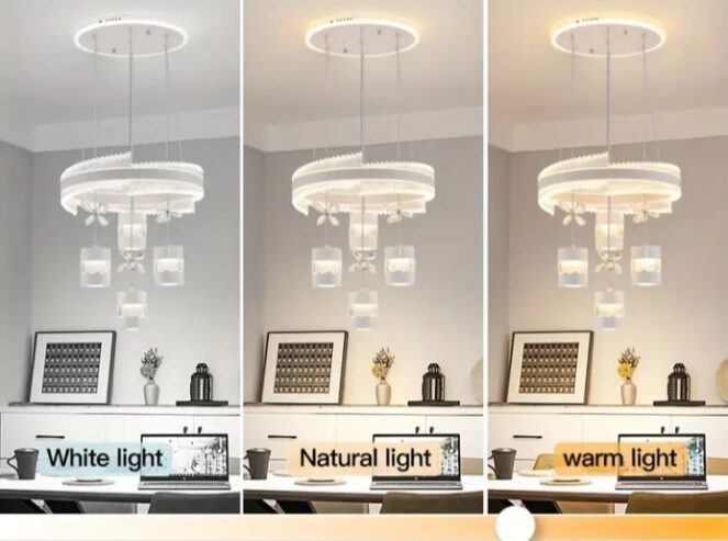 Modern LED Chandelier, 3-Color Dimmable Lighting, Metal & Crystal,