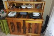 Wooden dining table with 6 chairs, side board and 3 cubbourts