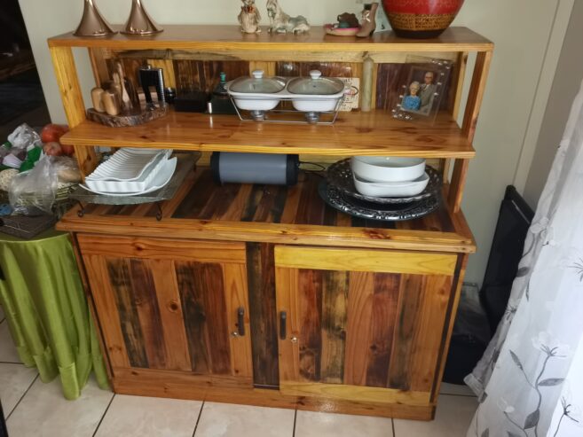 Wooden dining table with 6 chairs, side board and 3 cubbourts