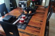 Wooden dining table with 6 chairs, side board and 3 cubbourts